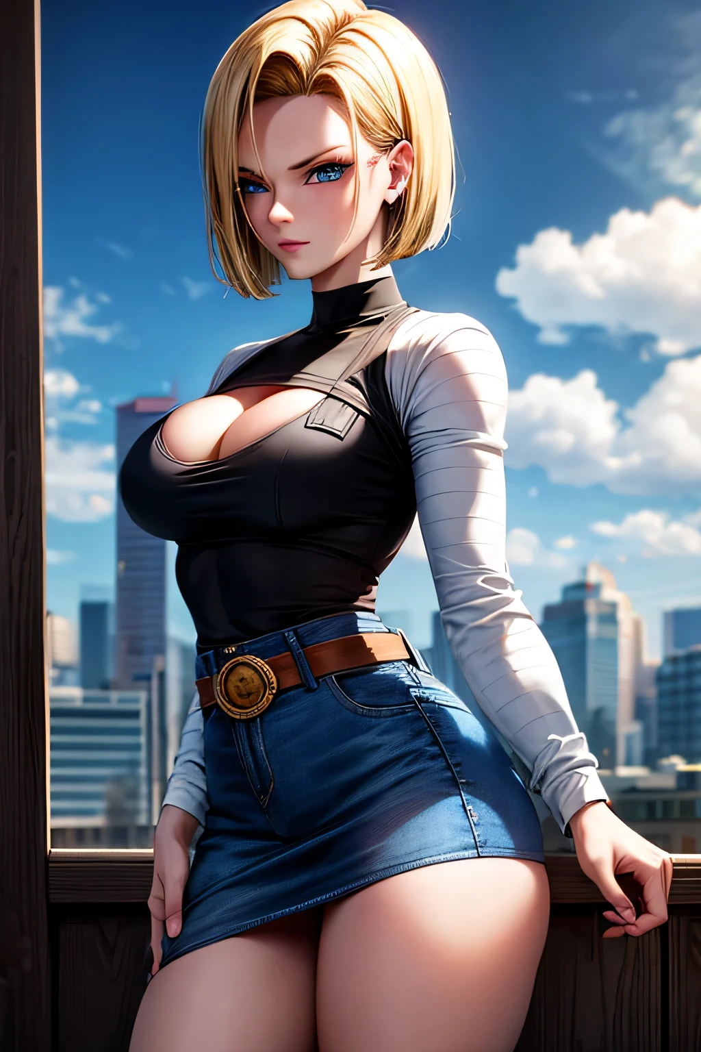 android 18, android 18, blonde hair, blue eyes, eyelash, hoop earrings, short hair, earrings, break belt, black legwear, black shirt, breast pocket, cleavage, clavicle, denim, denim skirt, high-waist skirt, jewelry, long sleeve, pocket, shirt, shirt tucked in, skirt, striped, striped sleeves, waistcoat,, break outdoors, city, null, cloud, sun, break looking at viewer, (cowboy shot:1.5), break (masterpiece:1.2), highest quality, High resolution, unity 8k wallpaper, (shape:0.8), (beautiful and detailed eyes:1.6), highly detailed face, perfect lighting, Very detailed CG, (perfect hands, perfect anatomy)