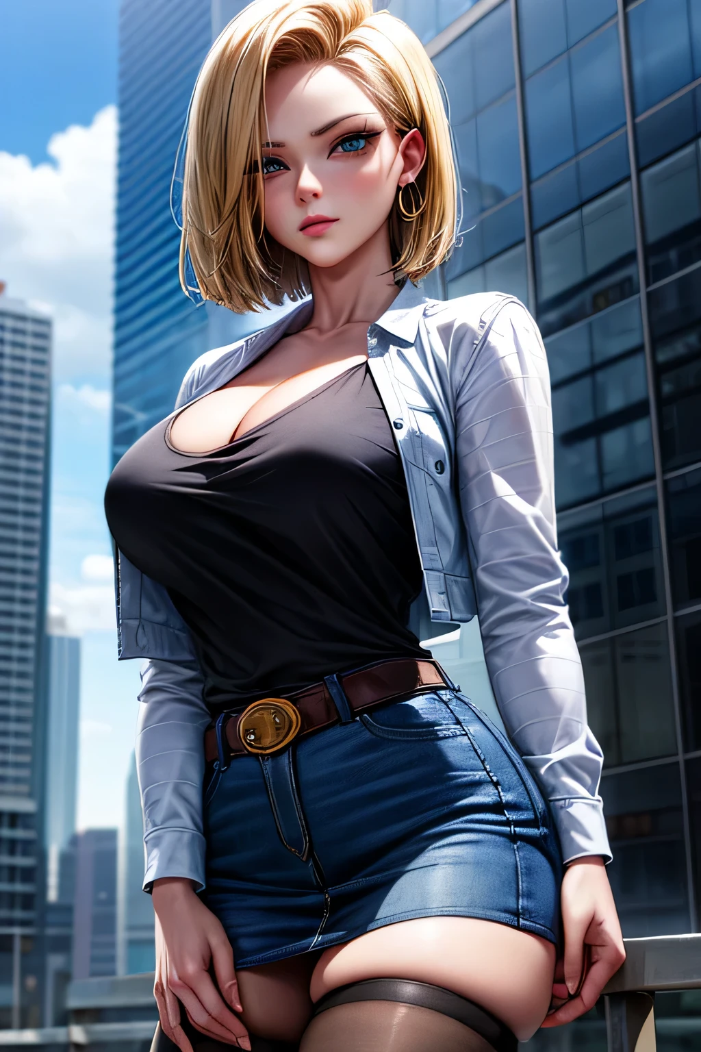 android 18, android 18, blonde hair, blue eyes, eyelash, hoop earrings, short hair, earrings, break belt, black legwear, black shirt, breast pocket, cleavage, clavicle, denim, denim skirt, high-waist skirt, jewelry, long sleeve, pocket, shirt, shirt tucked in, skirt, striped, striped sleeves, waistcoat,, break outdoors, city, null, cloud, sun, break looking at viewer, (cowboy shot:1.5), break (masterpiece:1.2), highest quality, High resolution, unity 8k wallpaper, (shape:0.8), (beautiful and detailed eyes:1.6), highly detailed face, perfect lighting, Very detailed CG, (perfect hands, perfect anatomy)