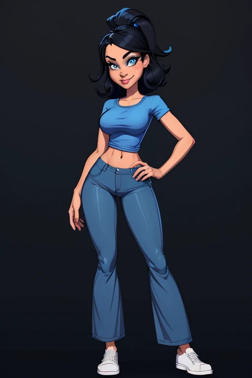 (cartoon style:1.2), Drawings of ([Woman]), wearing blue shirts, loose Pants, perfect eyes, full body, detailed face, black background, fun posing, flirty look, Centered, scale to fit the dimensions