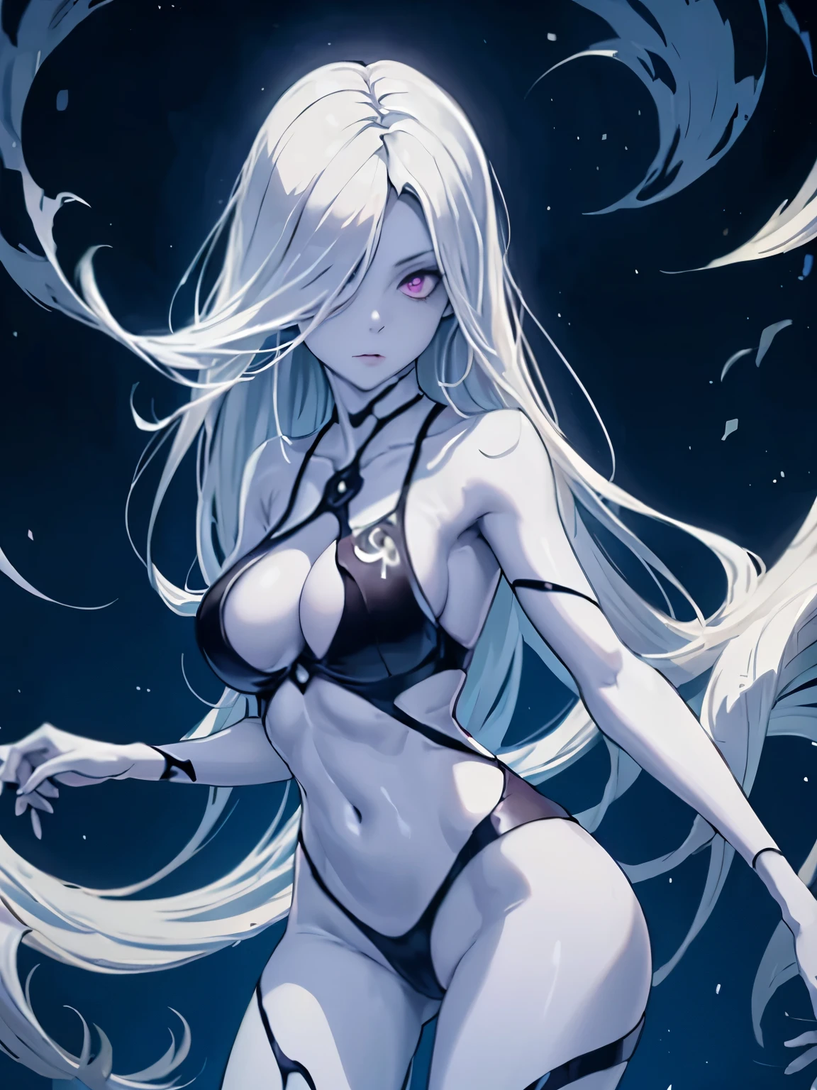 Ghostfreak ben 10, versao feminina, cabelos negros, olhos vermelhos, corpo em curvas, mulher pele totalmente branca, listras negras pelo corpo, garras nos dedos, (((versao feminina do ghostfreak))), fantasma feminina, dentes afiados, atmosfera assustadora, corpo perfeito, long dress, (((white skin))), face cute, kwaii, long black hair, ((long hair)), florest