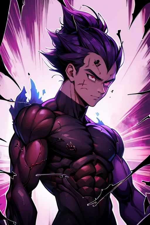 Cristiano Ronaldo with purple hair, red eyes, torn clothes, smeared with blood, a hateful expression on his face, and a dark purple aura coming out of his body
