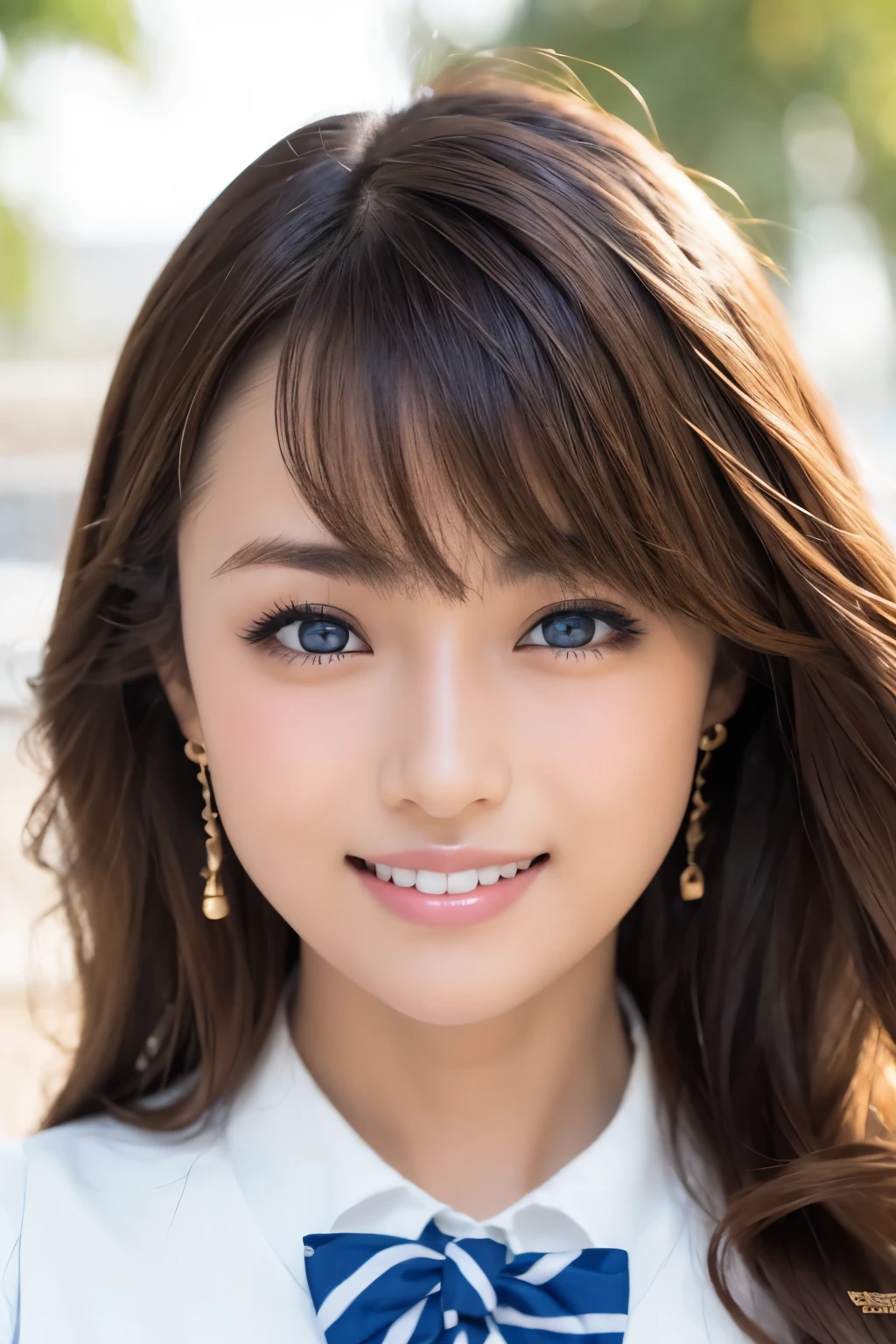 (table top:1.3, Photoreal:1.4, 8K), highest quality, masterpiece, Super high resolution, perfect dynamic composition, big face、round face、((blonde hair:1.8、curly hair))、Highly detailed skin and facial textures:1.3, Detail of limbs, 1 girl, Cute sexy 22 year old woman, (tanned skin:1.6), tilt your head, ((completely enchants you:0.9)), ((school uniform)),Medium chest, (Eyes Apart、beautiful eyes, blue eyes、Eyes that feel beautiful eros:0.85), sexy face:0.4, (closed mouth、small mouth、thick lips、A taste that gives you a beautiful sense of eroticism:0.85), ((Too cute beauty:0.9))、gal makeup、standing position、((full body shot)), beautiful legs