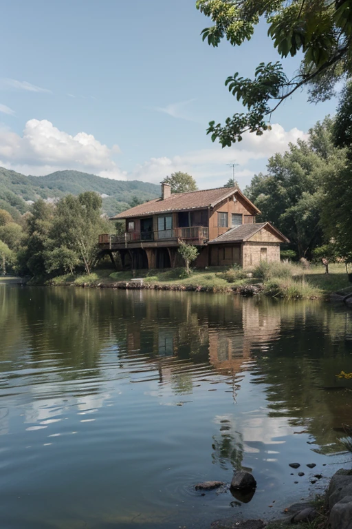 a house with green scenery and lake