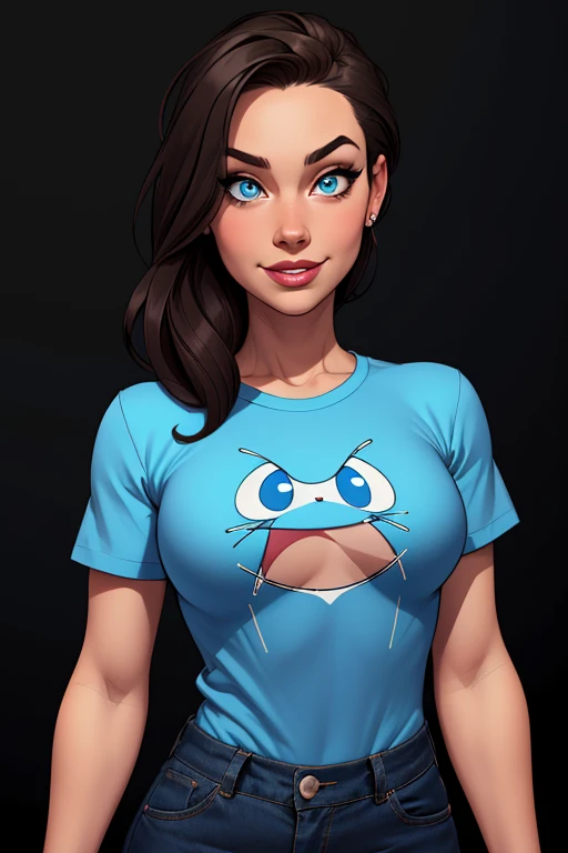 (cartoon style:1.2), Drawings of ([Woman]), wearing blue shirts, loose Pants, perfect eyes, detailed face, black background, fun posing, flirty look, Centered, scale to fit the dimensions
