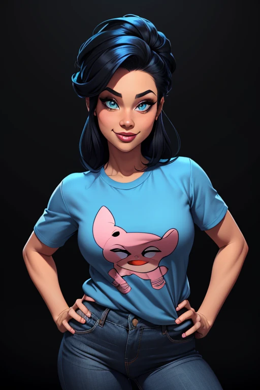 (cartoon style:1.2), Drawings of ([Woman]), wearing blue shirts, loose Pants, perfect eyes, detailed face, black background, fun posing, flirty look, Centered, scale to fit the dimensions