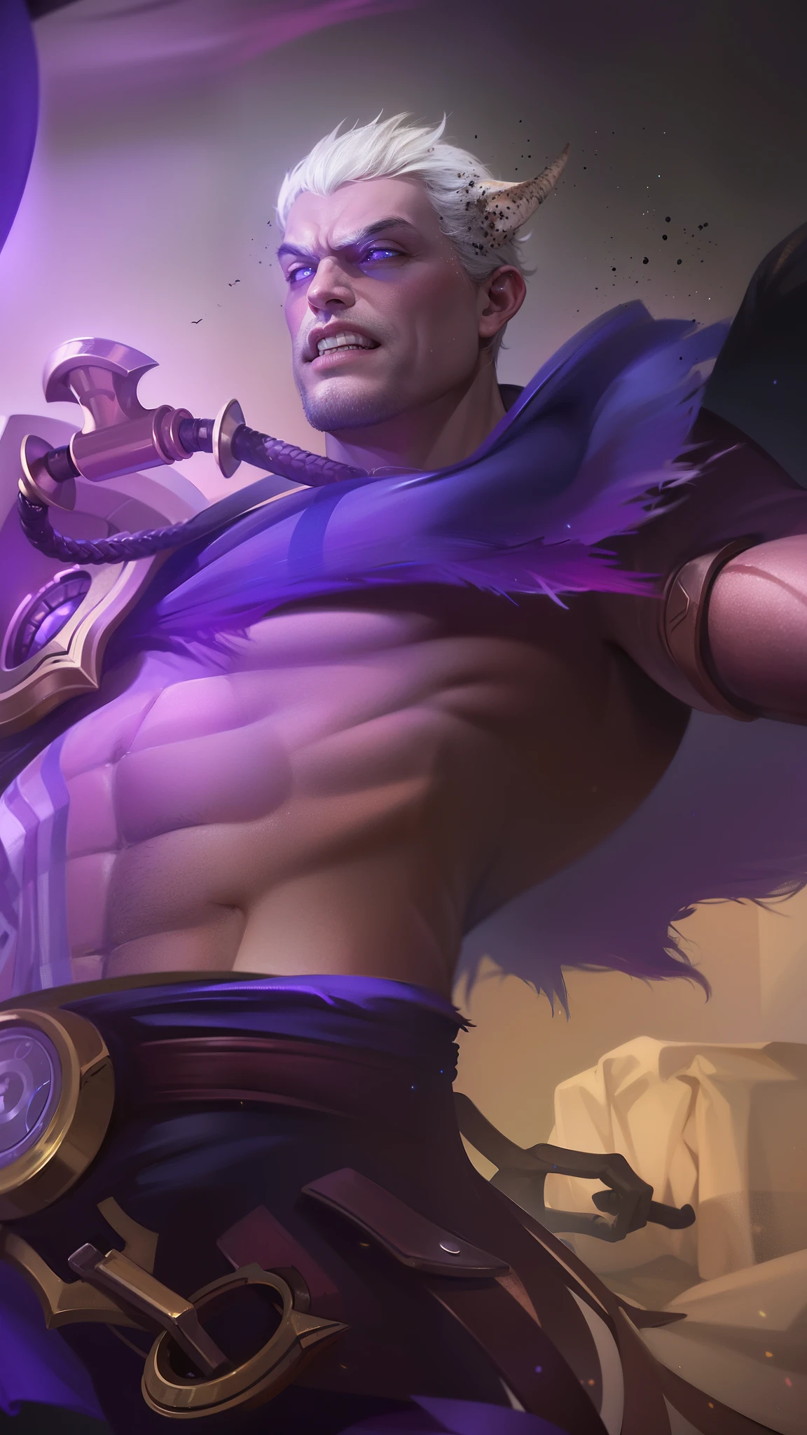 masculine male, masterpiece, ((perfect eyes)) best quality, (semirealism:1.9), beautiful lighting, (extremely detailed CG unity 4k fhd wallpaper), High Detail, Sharp focus, dramatic outdoors,40 years old, white short hair, blue eyes, smile, Boy with two big horns, red eyes, evil smile , 8k , realistic, scary,