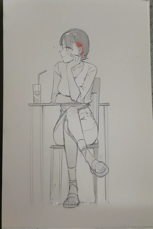 drawing of a woman sit at table with a drink in her hand, sitting in a café, thinking pose, 独自sitting in a café, thoughtful gesture, sitting in a café alone, sit on the table, sit at table, in a coffee shop, mysterious cafe girl, sitting position, An anime picture, High quality anime pictures，orange eyes，jeans，short hair