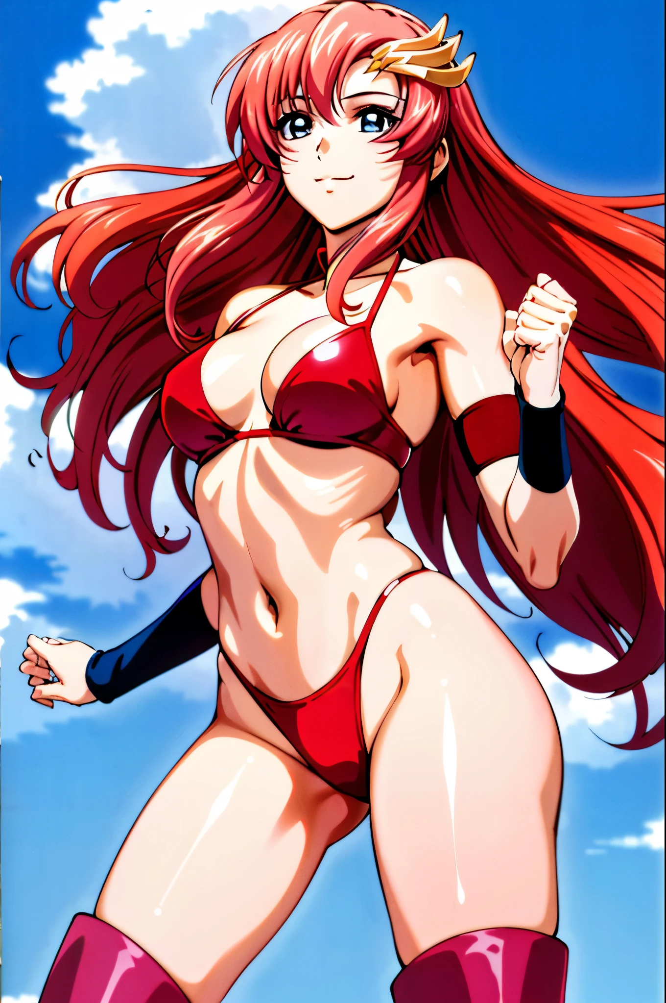 lacus4, (red long boots), (masterpiece, double bra, laying down, very slim shoulders, 4K, Best Quality, Anime style: 1.9, happy, Adult Woman, (ultra detailed head), (cloud background), Drawing lines, high resolution, lacus4), 1girl, Solo, curvy figure, Long hair, 鎖骨, scapular, (Detailed wide hair bangs, Hair Ornament, Detailed reddish-pink hair, shiny streaks, slim arms, detailed golden crest), cleavage, large hands, (hair cover shoulders). (Big blue eyes, shiny eyes), ((female wrestler, (slim body), little biceps, slim arms, closed fists, thighs)), ((perfect proportions, medium breasts, long belly)), (((crimson bikini only, red arm band, neck band))), smile, (standing, hot colors), detailed fingers, (bare shoulders)
