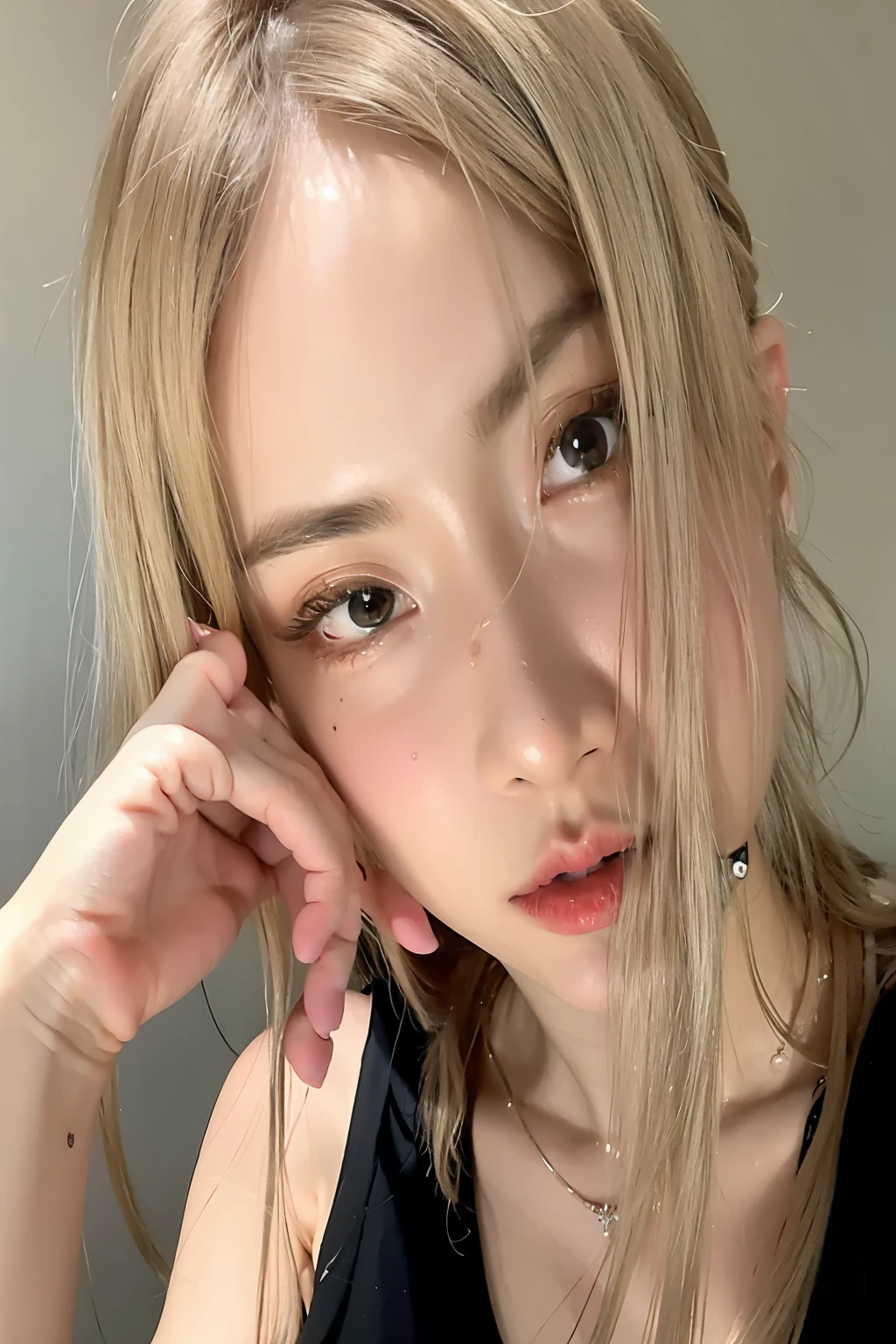 mujer rubia con pelo largo y top negro posando para una foto, retrato realista kawaii, CL, estilo de realismo anime, fotorrealista!!!!!!! Estilo de Arte, hecho con estudio de pintor anime, realistic art style, realistic anime art style, in the Estilo de Arte of bowater, sol yunjoo, female korean idol portrait, chica de pelo plateado, [ arte digital 4k ]!!