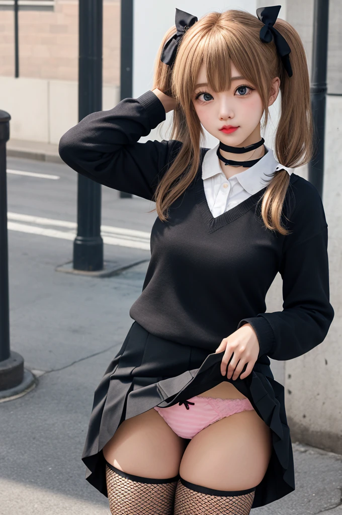 black shirt,cosplay, jirai kei, bangs, black skirt, black bow, looking at viewer, bow, long sleeves, choker, ribbon,pink lips,Menhera、Pull up the skirt with both hands、Skirt Lift Up、twin tails、白いpanties、panties見せる、beautiful eyes、panties見せてください、underwear、Well-groomed eyes、panties,Urban streets,squat、cute face,golden hair、Fishnet tights