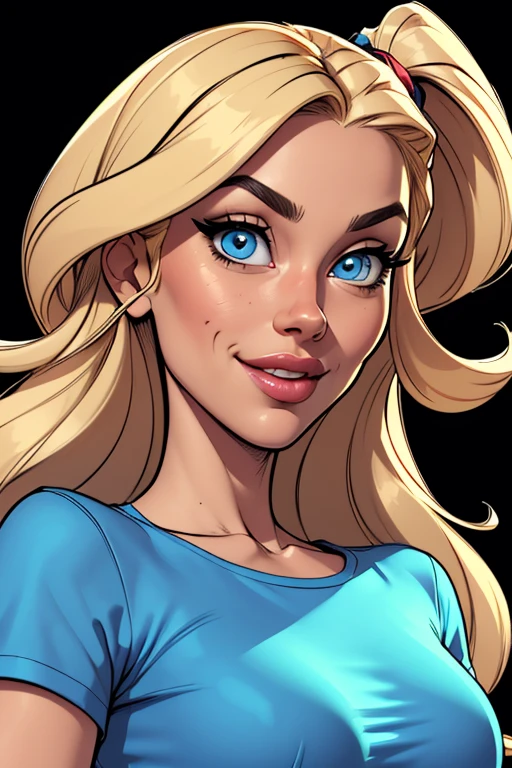 (cartoon style:1.2), Drawings of ([Woman]), wearing blue shirts, perfect eyes, detailed face, black background, fun posing, flirty look, Centered, scale to fit the dimensions