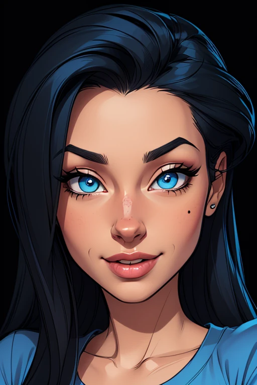 (cartoon style:1.2), Drawings of ([Woman]), wearing blue shirts, perfect eyes, detailed face, black background, fun posing, flirty look, Centered, scale to fit the dimensions