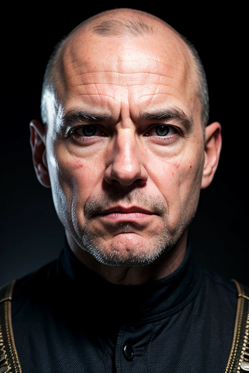 Professional portrait of a middle-aged man, bald head, scars on his face, evil look, ((commando)), photo from the waist up, military uniform, black background, eye contact, looking at the viewer, masterpiece, best quality, perfect detail, perfect facial detail  , perfect eye detail, perfect skin detail, depth of field, perfect lighting