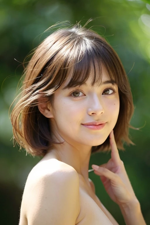 (RAW photo, highest quality), (realistic, Photoreal:1.3), very delicate and beautiful, soft light, (brown hair, short hair swaying in the wind, bangs), beautiful detailed girl, (finger details), highly detailed eyes and face, beautifully detailed nose, beautiful and detailed eyes, 1 girl, Japanese, Neat beauty, cute, young, smile, , (medium breasts), realistic face, realistic body, naked, 
