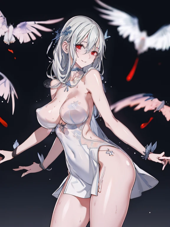 1girls, arms behind back, rain, seductive, (4K,realistic,highres,absurdres,masterpiece:1.2),((cinematic lumination)),deep depth of field,charming face,bloom,white dress,(covered nipples:0.9),big sagging breasts,(smiling:0.6),young female,  looking at the viewer, white skin, ((slim, skinny)), ((wet skin, sweat)), high heels, detailed red eyes