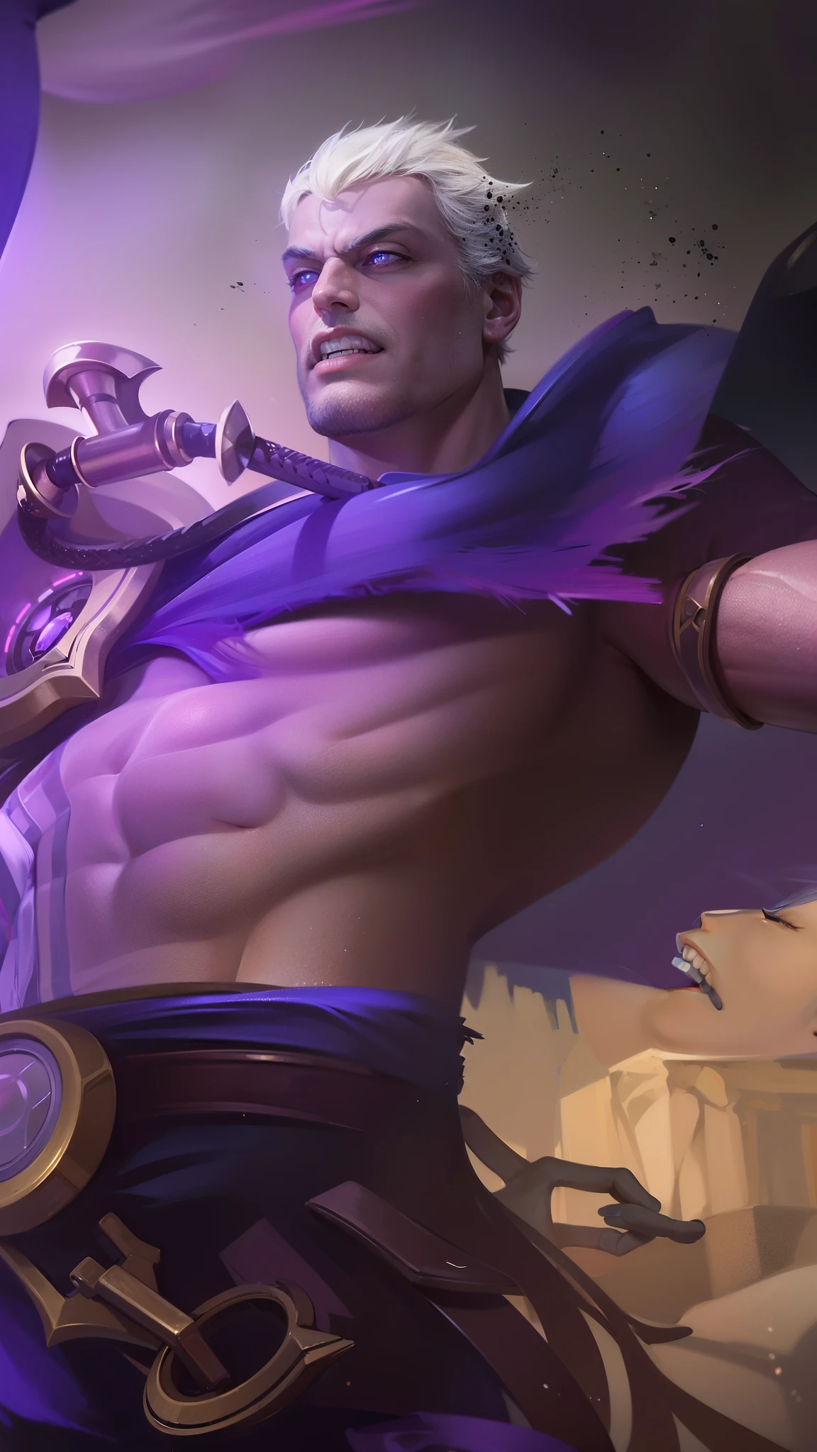 masculine male, masterpiece, ((perfect eyes)) best quality, (semirealism:1.9), beautiful lighting, (extremely detailed CG unity 4k fhd wallpaper), High Detail, Sharp focus, dramatic outdoors,40 years old, white short hair, blue eyes, evil smile , 8k , realistic, scary.