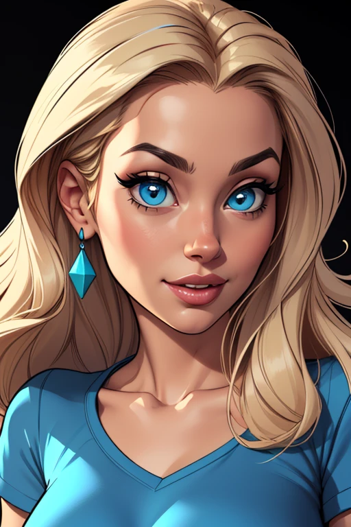 (cartoon style:1.2), Drawings of ([Woman]), wearing blue shirts, perfect eyes, detailed face, black background, fun posing, flirty look, Centered, scale to fit the dimensions