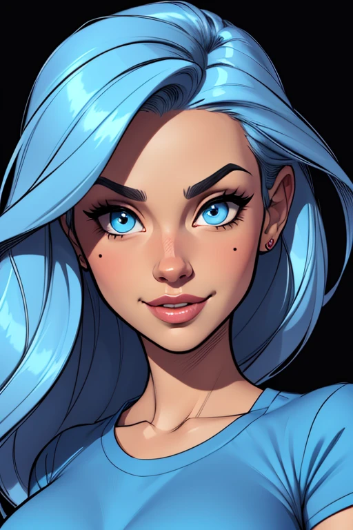 (cartoon style:1.2), Drawings of ([Woman]), wearing blue shirts, perfect eyes, detailed face, black background, fun posing, flirty look, Centered, scale to fit the dimensions