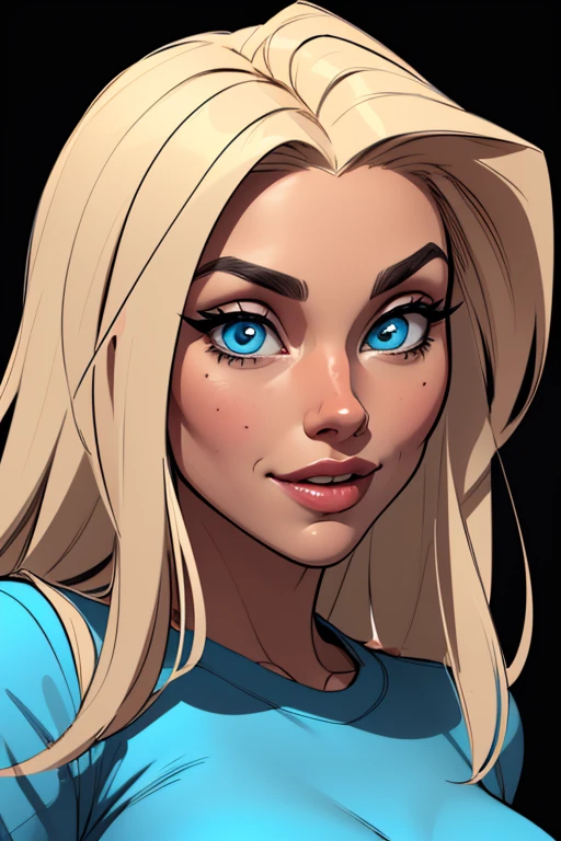 (cartoon style:1.2), Drawings of ([Woman]), wearing blue shirts, perfect eyes, detailed face, black background, fun posing, flirty look, Centered, scale to fit the dimensions