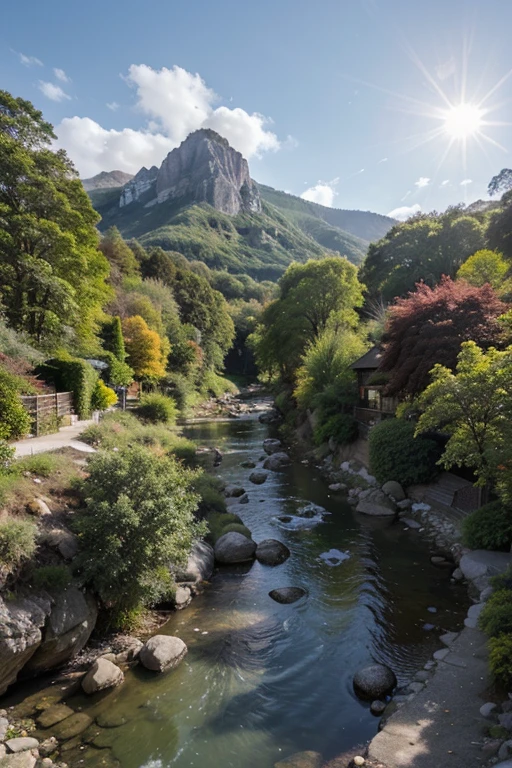 The exquisite beauty of nature:1.1, Realistic, professional, Vivid colors, Soft lighting, Landscapes, Detailed trees, Colorful flowers, flowing river, Majestic mountains, Gentle breeze, Clear blue sky, the sunlight filters through the leaves of the tree, vibrant hues, Natural tranquility, Lush greenery, Realistic picture