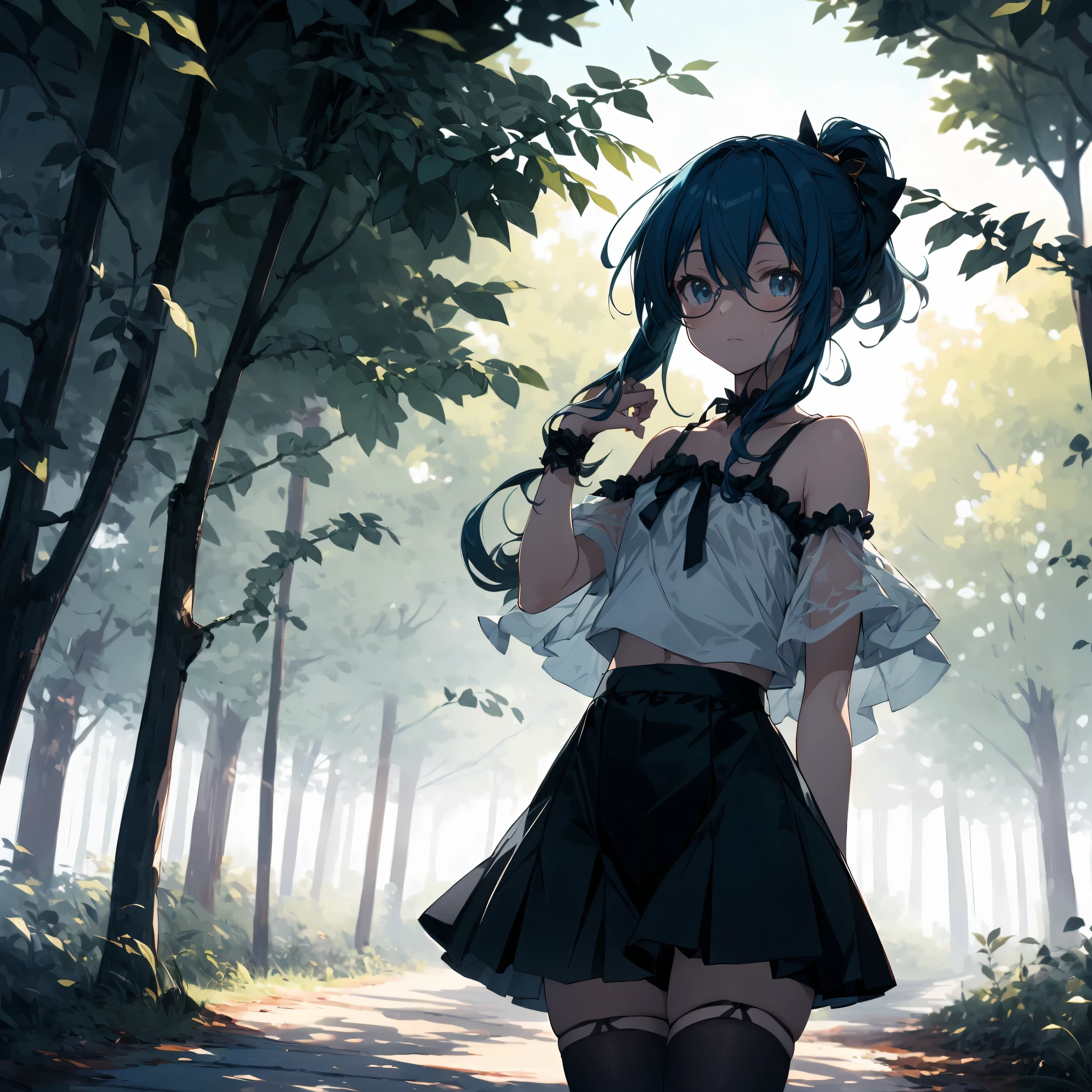 Super high quality by the art god, super detailed, High resolution,Fujichoco style, anime moe art style, best anime 8K konachan wallpaper, pixiv contest winner,Irasutoya, perfect anatomy, break,(森をalone慎重に歩く女の子の絵を描きます. ),break, Surreal cute girl, (alone,lolita, , :1.3),All limbs, full finger, androgynous charm, (ponytail), short bob cut, flat chest, , small ass, between legs, beautiful and fine eyes, Well-proportioned iris and pupils, High resolutionの詳細な髪, round glasses, (I'm wearing a camisole top,shorts:1.2),have,bare shoulders,sweating,warmer than usual, In the summer forest. break,super detailed肌, Best lighting by famous artists, 8K, figure,