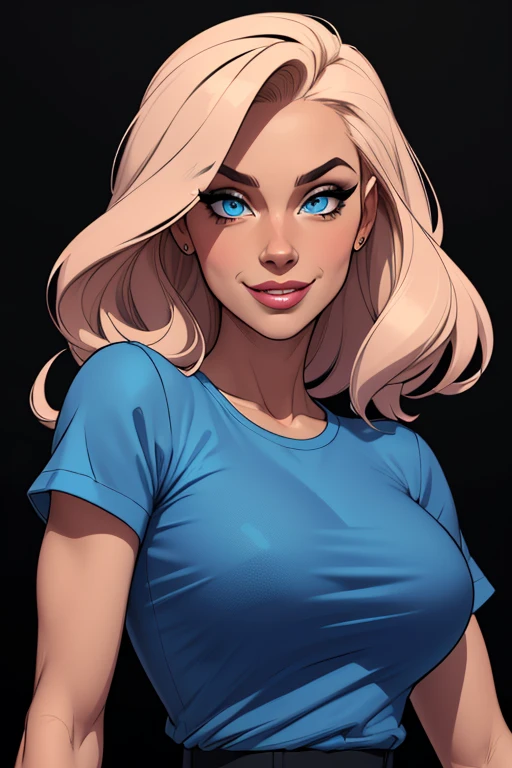 (cartoon style:1.2), Drawings of ([Woman]), wearing blue shirts, perfect eyes, detailed face, black background, fun posing, flirty look, Centered, scale to fit the dimensions