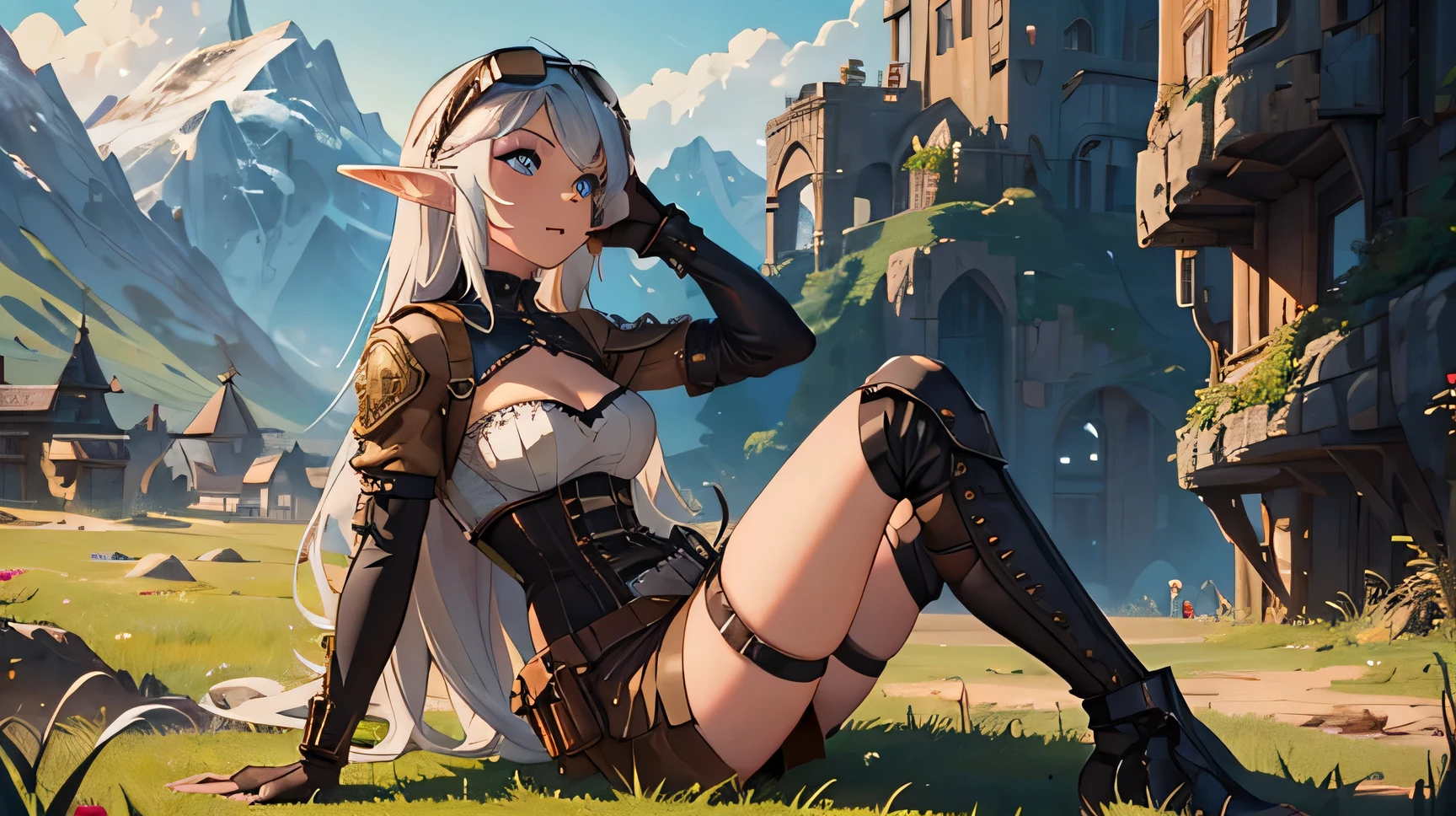 masterpiece, high quality, 1_woman, ((full body)), sexy pose, sitting, sitting on ground, (exotic skin_complexion:1.4),mature, looking away from viewer, tall, beautiful, exotic, with long elf ears, looking to the side, long hair, silver hair, detailed face, warm smile, having diamond shaped eyes, blue eyes, (dark_eyeliner), long_eyelashes medium_bust, thigh gap, wearing Steampunk corset, chest window, (brown shorts), crossing belts, (goggles on head), red tinted goggle lenses, long fingerless_gloves, belts with metal gears, making fist, black thigh highs with embroidery, knee boots with laces, dynamic lighting casts detailed shadows, on a grass grassy hill, mountains in the distance, 