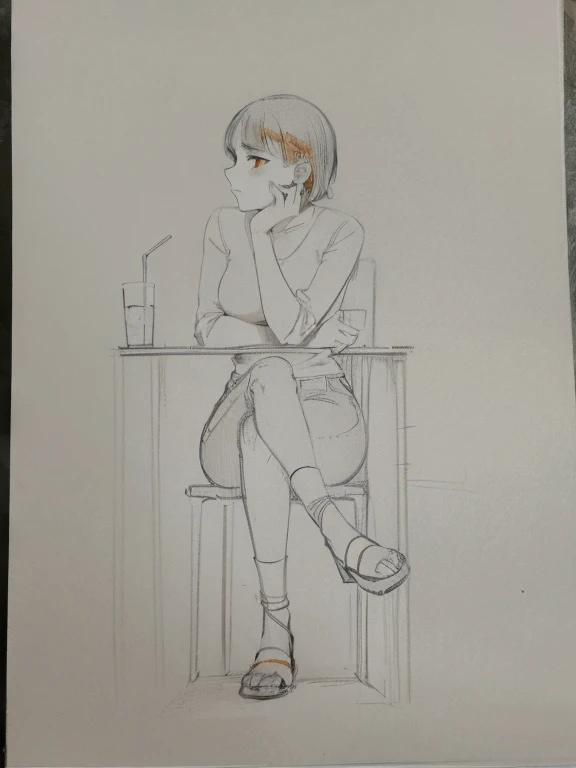 orange eyes,jeans,short hair,sitting,The look of thinking,One hand supports his face,Cafe,drinks,Tajiro legs