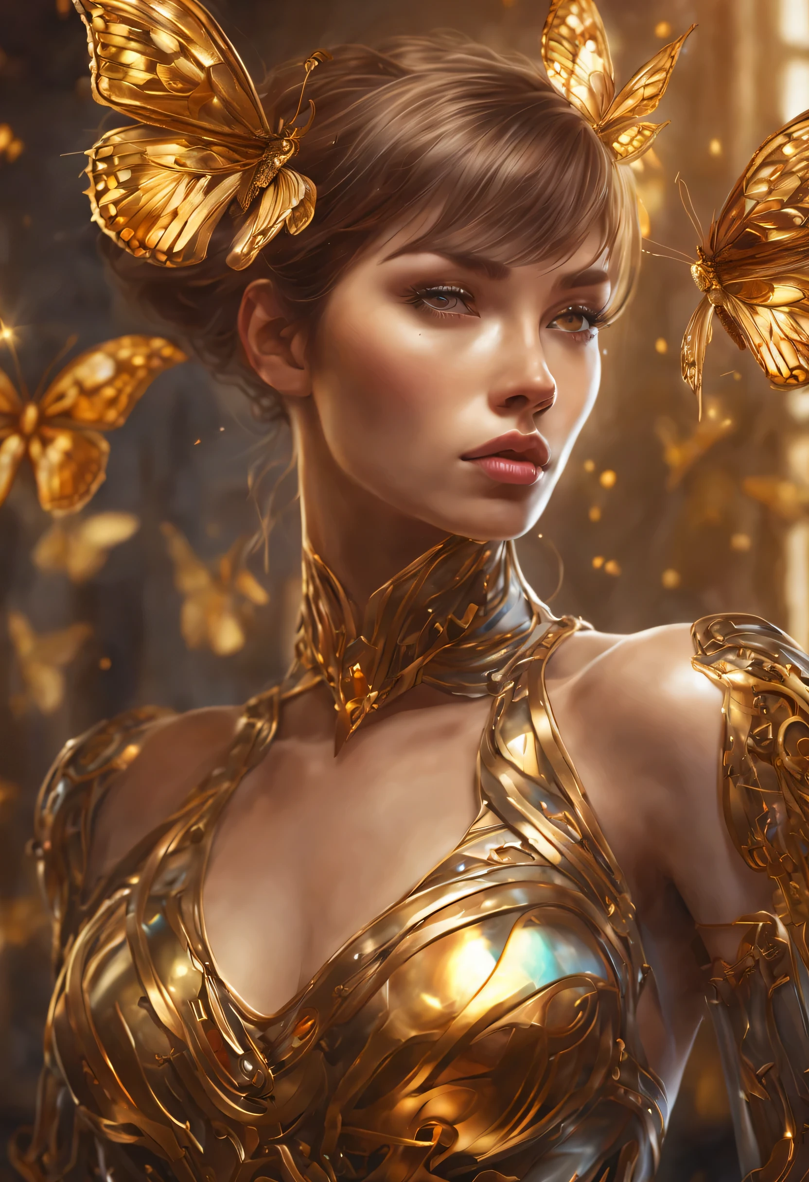 8k portrait of beautiful cyborg with brown hair, intricate, elegant, highly detailed, majestic, digital photography, art by artgerm and ruan jia and greg rutkowski surreal painting gold butterfly filigree, broken glass, (masterpiece, sidelighting, finely detailed beautiful eyes: 1.2), hdr,