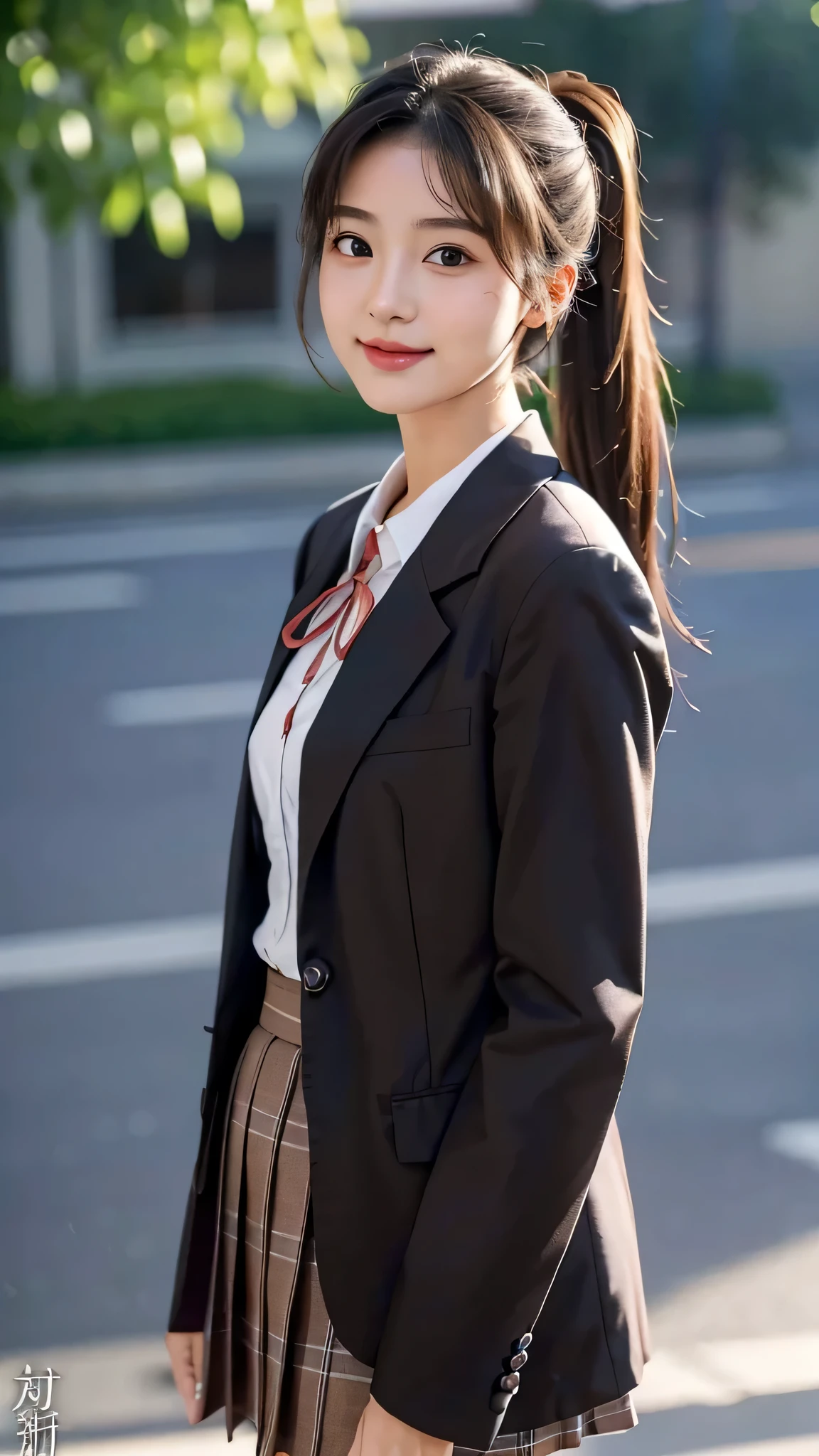 Uniforms for Japanese High School Students,brown blazer,brown ribbon on chest,fully body photo,masutepiece, The highest image quality, High quality, the background is clear，Beautiful woman, Japanese, Detailed, Detailed eyes, Detailed skin, Beautiful skin, 超hight resolution, (reality: 1.4),Very beautiful woman, Slightly younger face, Beautiful skin, slender, (Ultra photo realsisim), (hight resolution), (8K), (Very detailed) (beautifully detailed eyes), (super detailed),   (Detailed face), view the viewer, Fine details, Detailed face, Smiling, Staring straight ahead, Staring straight ahead, photos realistic, Bright lighting, Professional Lighting, Black hair, ,poneyTail,a baby face,sixteen years old,髪型はponeyTail,wear a ribbon,ロングのponeyTailの髪型,Angle from waist up,standing and posing,brown plaid skirt,brown blazer,brown ribbon on chest,outdoors,