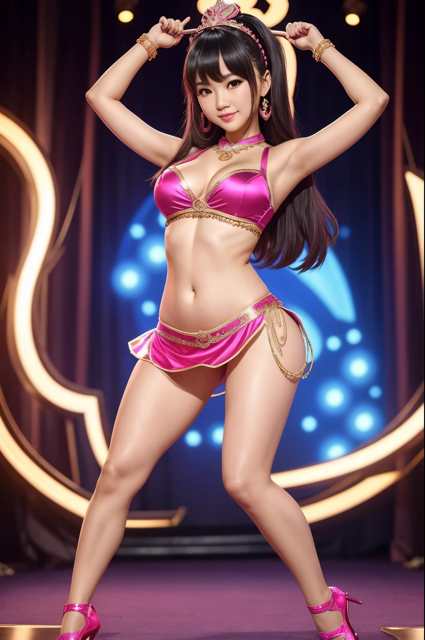 instagram star Xiaorou SeeU, dressed in cosplay as Jeannie from TV show I dream of Jeannie, she is belly dancing and adorable, no nudity, safe for work, show all of her, full body shot, head to toe, highest detail, masterpiece, extreme quality, avoid bad anatomy, avoid limbs vanishing or splitting”