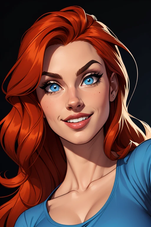 (cartoon style:1.2), Drawings of ([Red Sonja]), wearing blue shirts, perfect eyes, detailed face, black background, fun posing, flirty look, Centered, scale to fit the dimensions