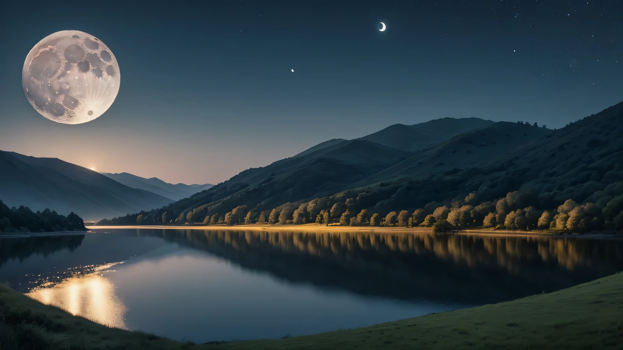 landscape with moonThe moon hung low in the sky, casting a soft, ethereal glow over the landscape. The silvery light illuminated the rolling hills and shimmering lakes, turning the world into a tranquil and mesmerizing scene. It was a moment of quiet beauty, a time when all seemed still and peaceful under the watchful gaze of the moon.