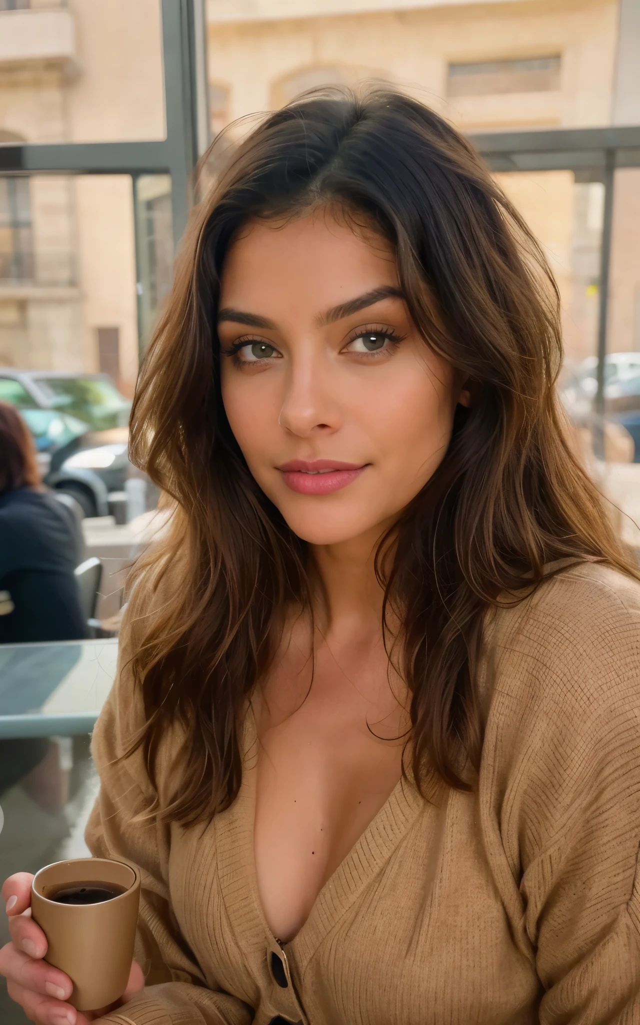 Beautiful brunette wearing a beige sweater Standing in front of ajfel tower paris), Very detailed, 21 anos, Rosto inocente, cabelos ondulados naturais, olhos azuis, high resolution, master part, best quality, detalhes intrincados, altamente detalhado, Crisp Focus, pele detalhada, textura de pele realista, textura, olhos detalhados, profissional, 4k, sorriso encantador, filmado em Canon, 85 millimeters, profundidade de campo rasa, Cor Kodak Vision, corpo de ajuste perfeito, extremamente detalhado, fotografia_\(Ultra\), photoreallistic, Realista, Post-processing, maximum details, rugosidade, vida real, Ultra realista, fotorrealismo, fotografia, 8k UHD, fotografia