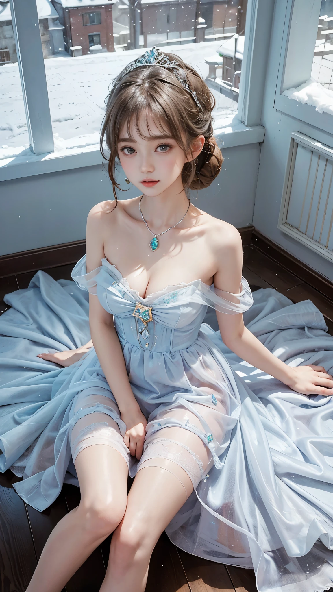 Sweet girl clothes8,(gem:1.3), 8k, best quality, masterpiece, Shoot real, hide your face happiness, Alice Gainsborough, sitting, whole body, bare shoulders, Plump breasts, cleavage, slender legs, Sexy beautiful legs, external, covered with snow, high quality, Adobe lamp room, High detail skin, looking at the audience,