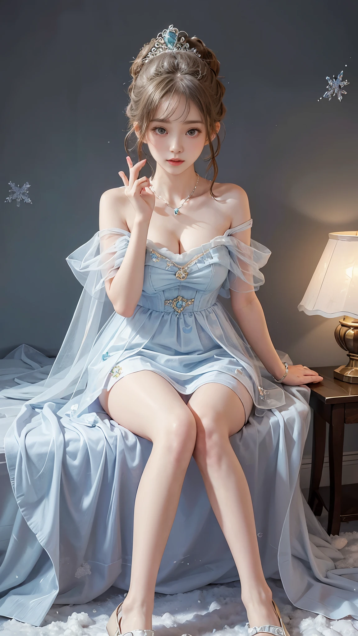 Sweet girl clothes8,(gem:1.3), 8k, best quality, masterpiece, Shoot real, hide your face happiness, Alice Gainsborough, sitting, whole body, bare shoulders, Plump breasts, cleavage, slender legs, Sexy beautiful legs, external, covered with snow, high quality, Adobe lamp room, High detail skin, looking at the audience,