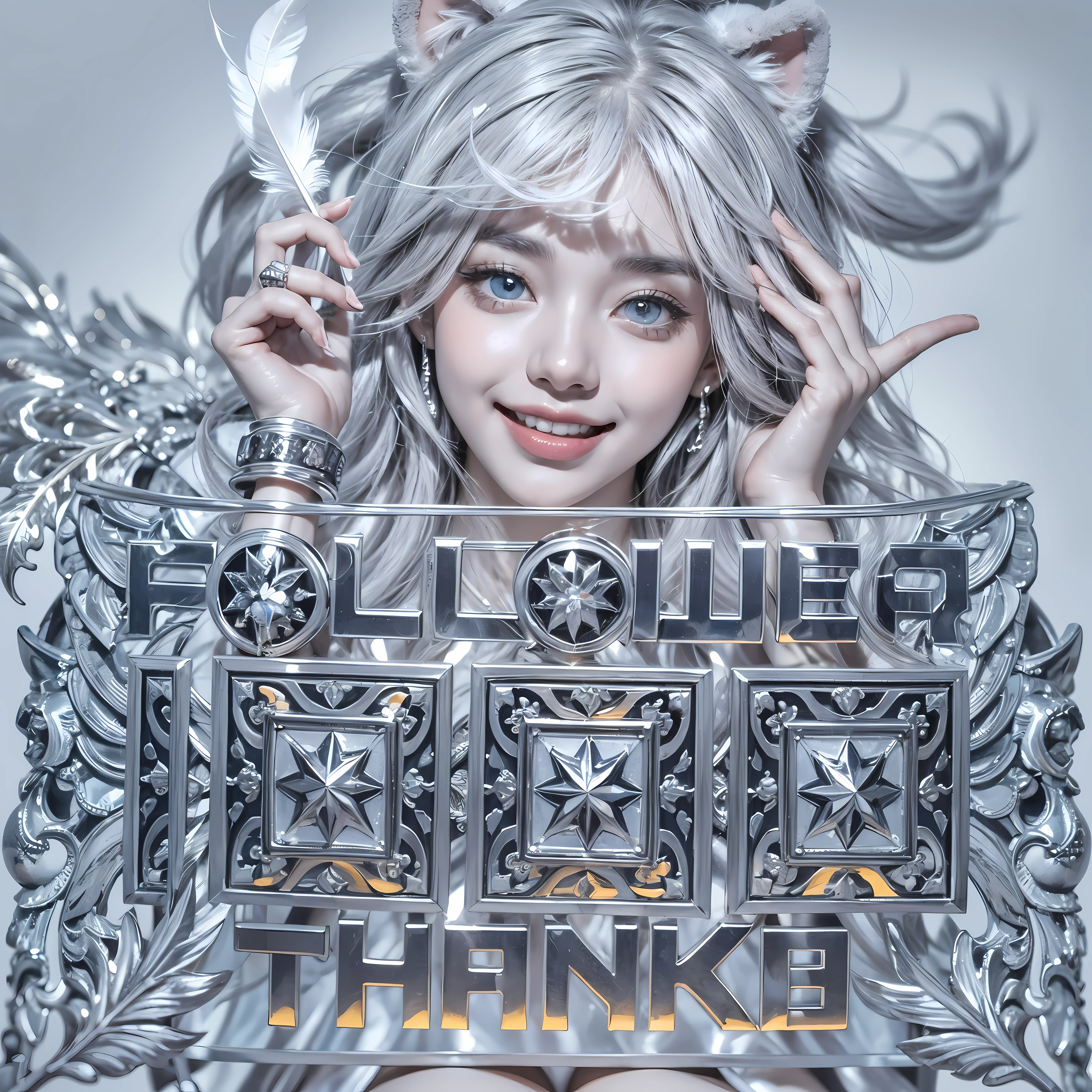 (anime:1.2), (fashion portrait:1.2), (ultra detailed, beautiful, masterpiece, best quality:1.2), _ BREAK (1girl:1.2), 22 years old, 160 cm, Japanese cute model, Tightened all body, medium Breasts, small head, small face, diamond Face, small nose, Sharp Faceline, Detailed face, Detailed eyes, young hands and fingers, beautiful hands and fingers, five fingers, _ BREAK (happy, smile, Glossy Lips:1.3), (Light color lips, Half open mouth, beautiful Teeth:1.2), (dropy eyes, Double eyelid, light color eyes, Shiny eyes:1.5), Shiny skin, _ BREAK (arranged hairstyle:1.4), (gray hair:1.4), shiny hair, _ BREAK (gray and White simple blurry background:1.4), (mist, fog:1.6), _ BREAK (face shot:1.4), (Cheek cane:1.4), BREAK (winter theme:1.3), (KAWAII theme:1.3), (white theme:1.2), (fluffy hooded sweater with bunny ears:1.3), (loose-fit:1.2), (3/4 sleeves:1.2),
BREAK (sheer white A-line skirt with feather-like patterns:1.3), (layered with short fluffy petticoat:1.2), (thigh-high white boots with silver accents:1.2),text,
BREAK (silver accessories:1.2), (bracelet with feather charms:1.2), (silver hoop earrings:1.2),