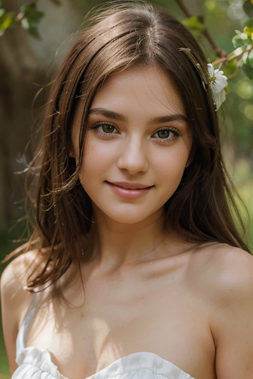Cute beautiful angelic Turkish light-green-eyed brunette, 22 years old, Girl is wearing a beautiful white dress, full subject shown in photo, nature background, girl is in focus, depth of field, sardonic smile, girl is looking sideways, girl does not look into the camera, no nude, hair in bun, light-green eyes, bare abdomen, very detailed face, natural face, face-length 1.3 times the face-width, beautiful eyes, detailed focused face, ultra realistic, cute smile, 