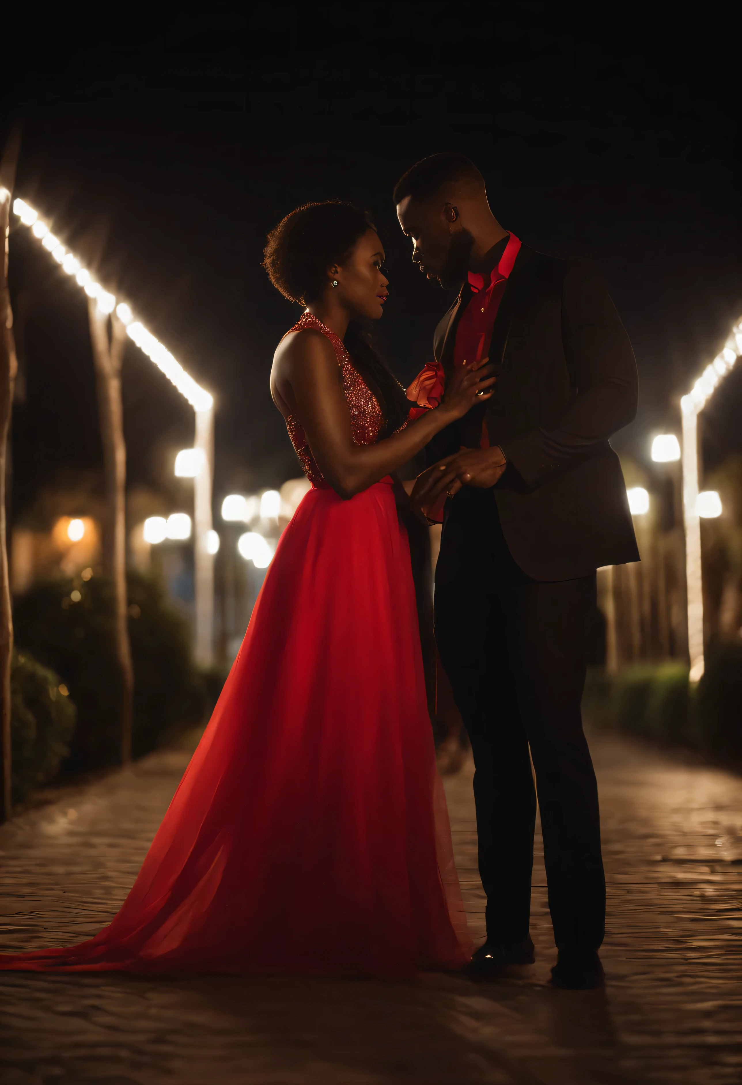 Un couple homme et femme, il très beau africain de 25 ans cheveux noirs foncés costume gilet court s’embrasse dans l’amour Une belle jeune femme noire porte une longue robe rouge sur une terrasse luxueuse la nuit Real Photo