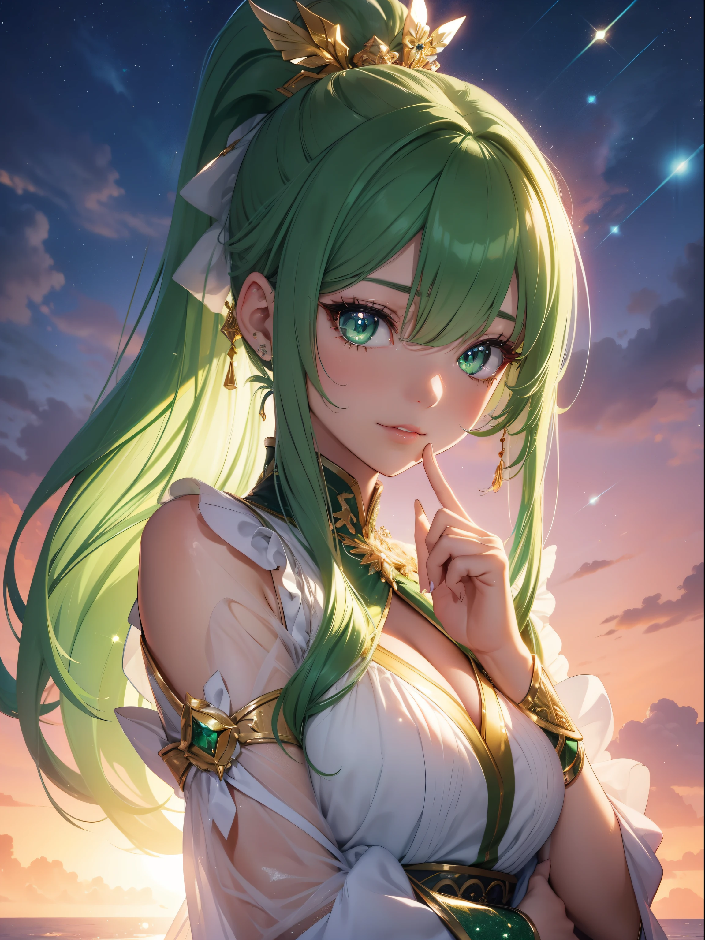 masutepiece, High resolution, 8K, anime woman, Delicate and detailed writing 、Detailed digital illustration、absurdly long hair、(((Ponytail)))、Shiny hair、a very beautiful woman、Eyes are double, Large,Little hanging eyes、 Bust E Cup、High image quality, High quality、Detailed background、((Detailed and beautiful sunset sky background))、The inside of the eye shines like a diamond、(((Dark green hair)))、Gradient pupil、(((2 arms、4 fingers, 1 thumb)))、Detailed female face、a very beautiful woman、、细致背景、​masterpiece、Soft Focus , Bright gradient watercolor , Lens Flare , (((Glitter))) , Glow , Dreamy ,a miniskirt、Idol、Light Green Ribbon、Very beautiful light green rose hair accessories、Light green and gold costume with white as the main color、((Macroface))、(Cool Girl).Tall lady、Dignified.((No bangs))、A smile、