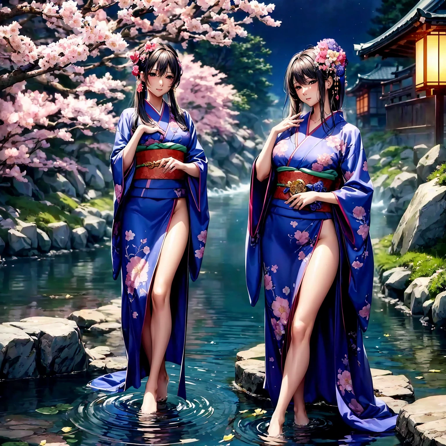 (((highest quality、masterpiece、very high resolution))),(There is a woman with perfect and ultimate beauty..,beautiful figure,beautiful face,beautiful skin,beautiful breasts,Well-formed eyes and nose)、(Beautiful breasts with a slender body shape:F cup,best hair texture,Best skin texture)、((Beautiful Japan kimono:floral and colorful)),(Fantastic waterside,There is a waterfall,Night cherry blossoms and lanterns,mysterious night sky、beautiful scenery),(water play,beautiful pose,model shoot,Hair flutters under the influence of the wind),(realistic portrait,bijinga),Overall image、accurate anatomy、Image without defects、highly detailed images、accurate image、beautiful images,perfect image、beautiful anime woman, beautiful art style, anime character、(best shot,RAW photo)、