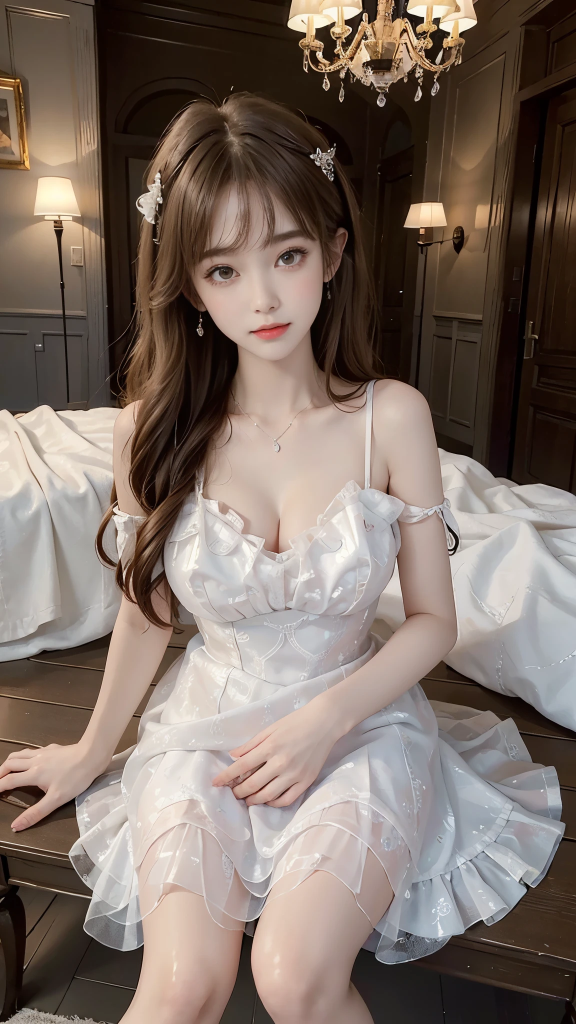 Sweet girl dress2,dress,, 8k, best quality, masterpiece, Shoot real, hide your face happiness, Alice Gainsborough, sitting, whole body, bare shoulders, Plump breasts, cleavage, slender legs, Sexy beautiful legs, external, covered with snow, high quality, Adobe lamp room, High detail skin, looking at the audience,