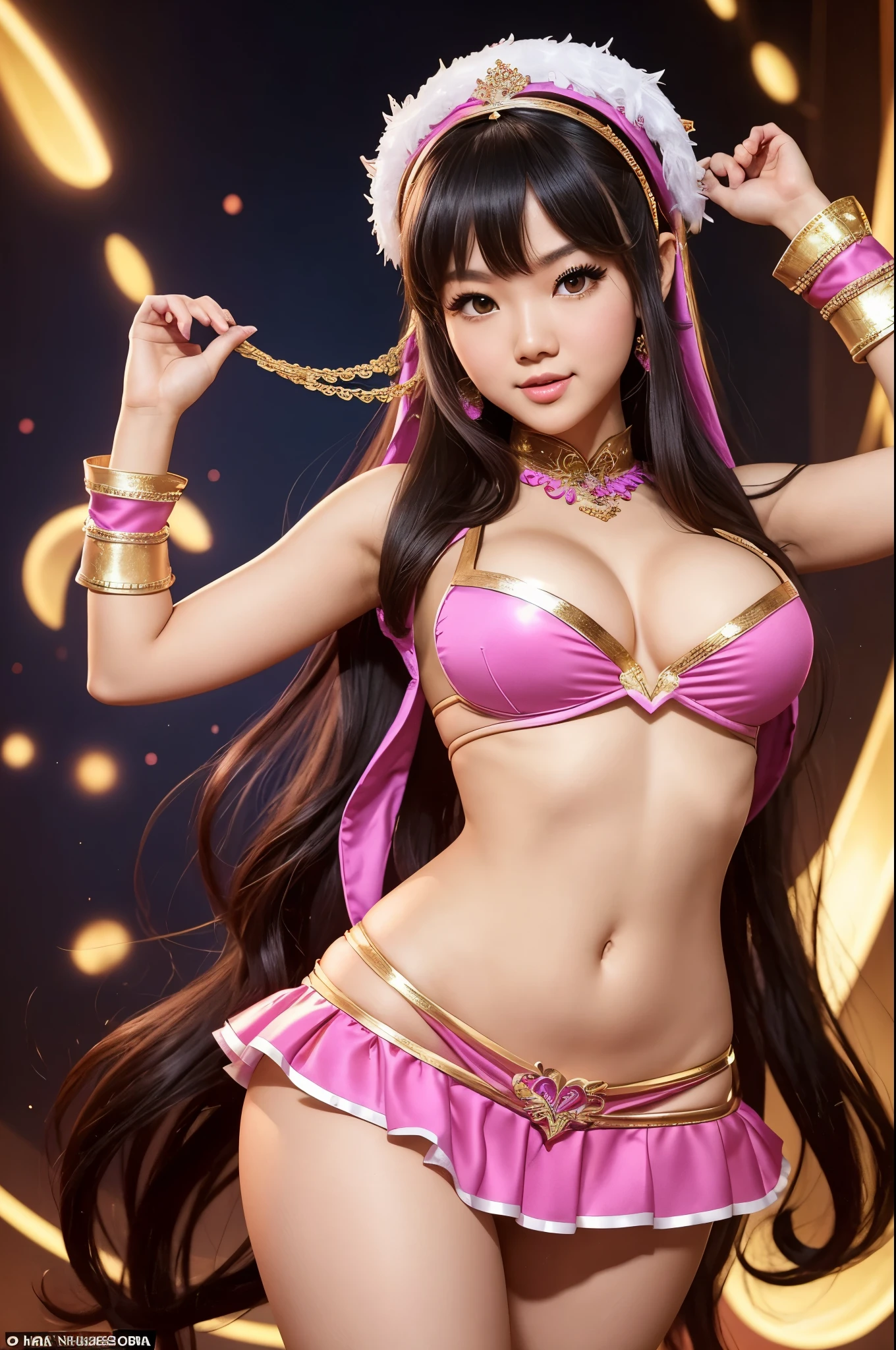 instagram star Xiaorou SeeU, dressed in cosplay as Jeannie from TV show I dream of Jeannie, she is belly dancing and adorable, no nudity, safe for work, show all of her, full body shot, head to toe, highest detail, masterpiece, extreme quality, avoid bad anatomy, avoid limbs vanishing or splitting”