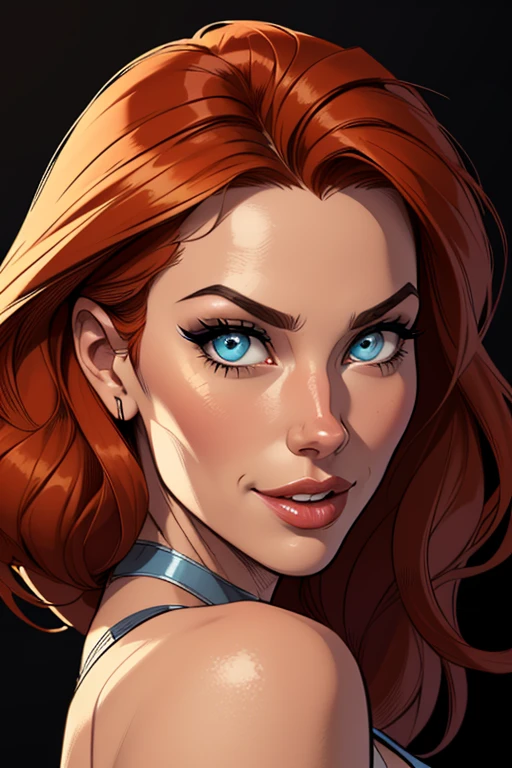 (cartoon style:1.2), Drawings of ([Red Sonja]), perfect eyes, detailed face, black background, fun posing, flirty look, Centered, scale to fit the dimensions