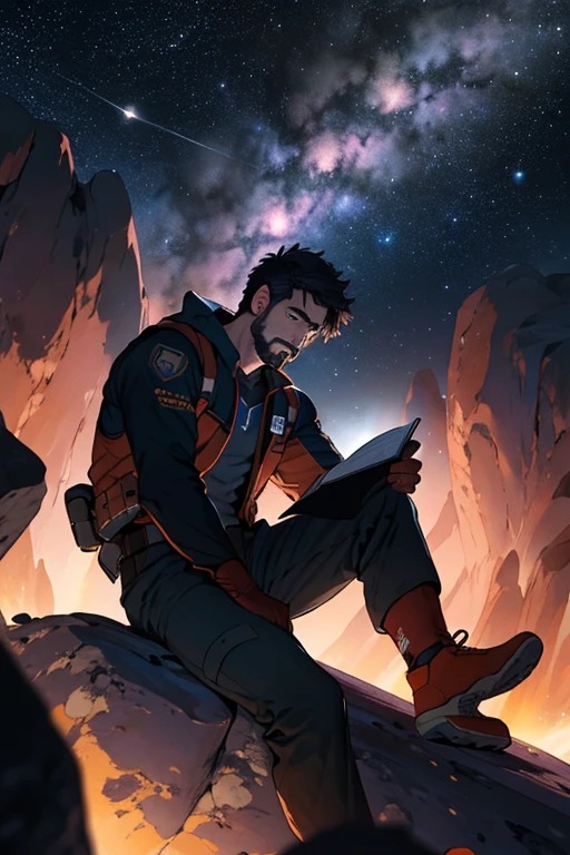 Draw a young programmer, sitting on a research platform floating in the middle of an asteroid belt. He is studying with a notebook, surrounded by several asteroids glowing with fiery auras. Dramatic lighting from distant stars and planets illuminates the scene, casting deep shadows on the suit. The young man looks confident and determined, looking at the vast and mysterious universe with wonder and respect,facial hair, cowboy shot,