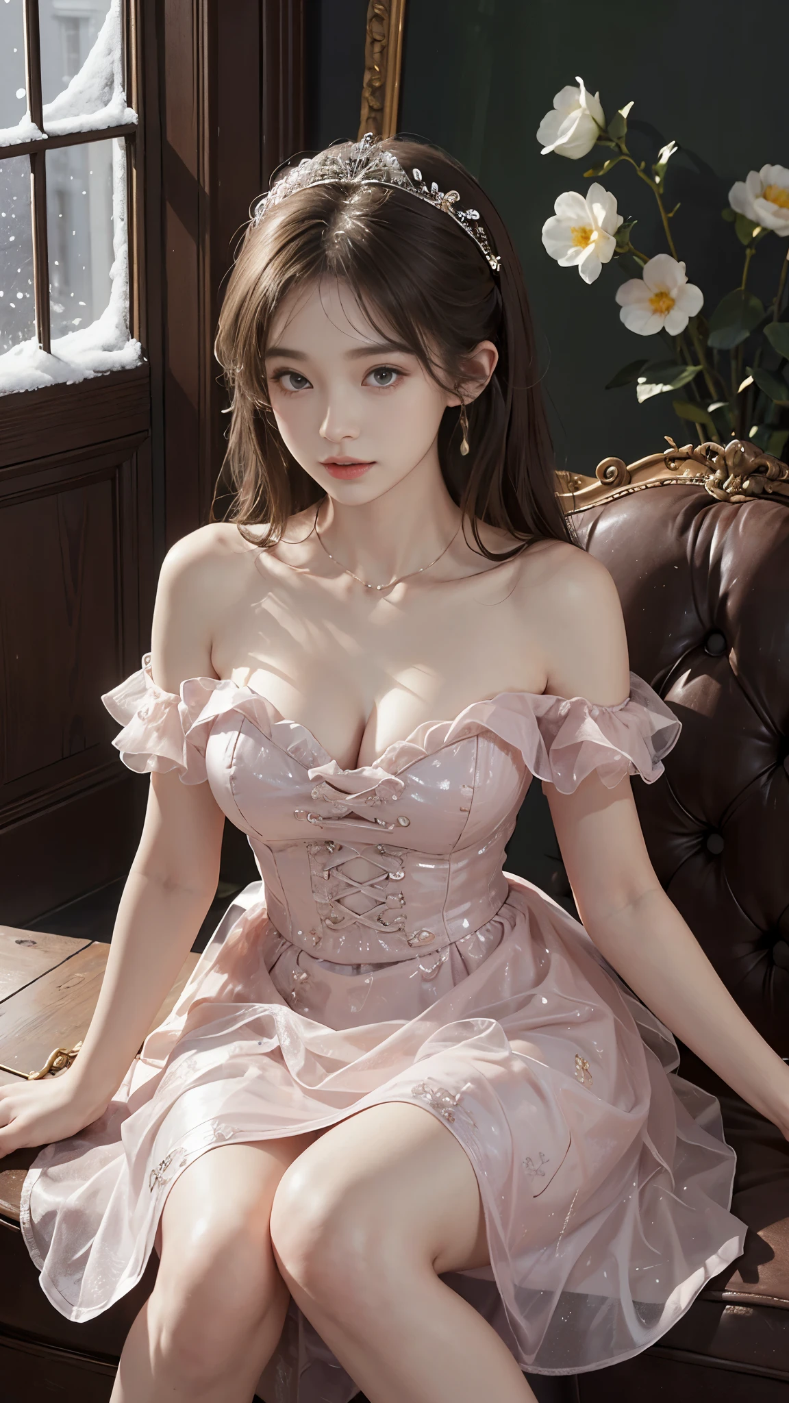 dress, 8k, best quality, masterpiece, Shoot real, hide your face happiness, Alice Gainsborough, sitting, whole body, bare shoulders, Plump breasts, cleavage, slender legs, Sexy beautiful legs, external, covered with snow, high quality, Adobe lamp room, High detail skin, looking at the audience,