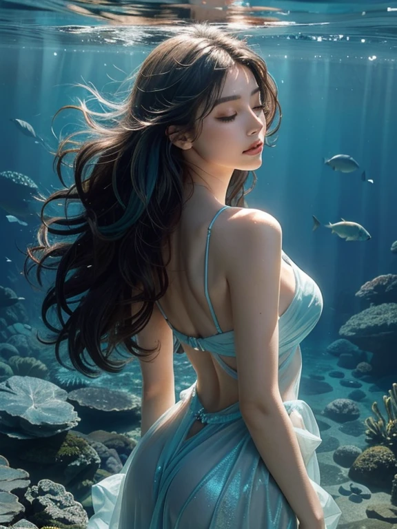 Beautiful woman, around forty years old, bathes in crystal-clear water wearing revealing, luxurious blue dresses that shimmer under the sun. Her standard body shape is accentuated by the water, and she exudes a relaxed, tranquil expression. With her eyes closed, she seamlessly blends with the natural scenery of the animated underwater world. Falls of sunrays gently penetrate the serene surface, and Mr. 々 swims alongside graceful fish nearby.

This picture is a high-definition anime masterpiece, brimming with details and vibrant colors. The woman's elegant, wavy blue hair cascades down her back, forming intricate curls