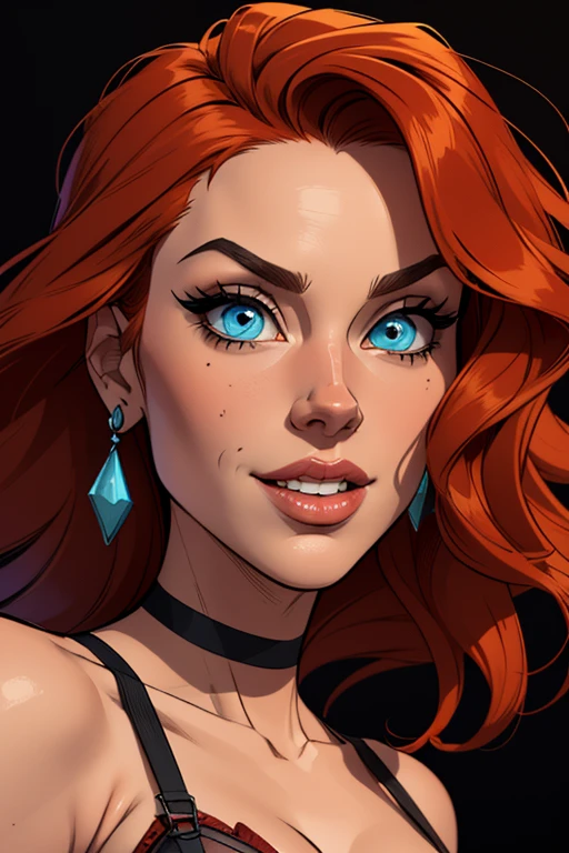 (cartoon style:1.2), Drawings of ([Red Sonja]), perfect eyes, detailed face, black background, fun posing, flirty look, Centered, scale to fit the dimensions