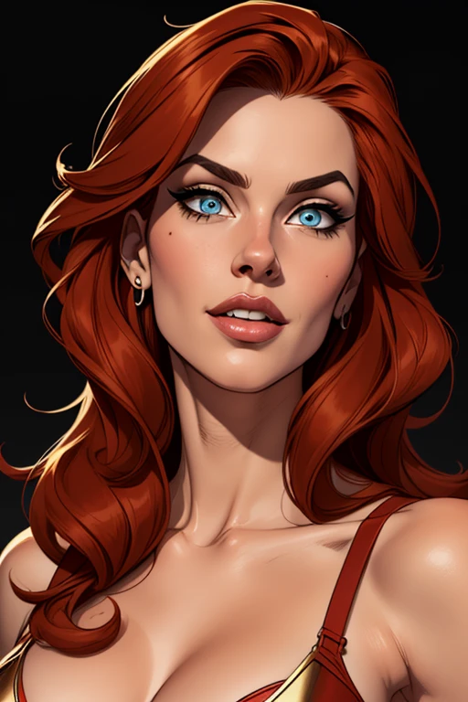 (cartoon style:1.2), Drawings of ([Red Sonja]), perfect eyes, detailed face, black background, fun posing, flirty look, Centered, scale to fit the dimensions