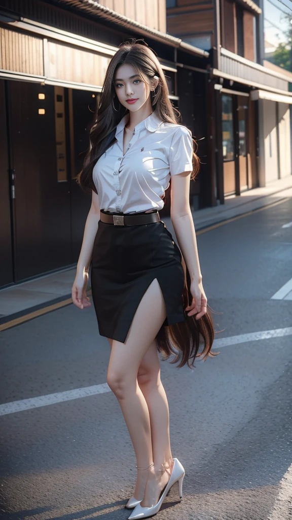 highest resolution,8K,high definition,(((My hair is very long.,Extra long,The hair in the back is knee length.))),Thai Students,Half Thai, half Japanese, half Korean.,Height 173 centimeters,stand,walk,Beautiful face,แต่งBeautiful face,Double eyelids,red lips,smile at the corner of the mouth,beautiful eyes,Beautiful Woman,The texture is realistic.,Slim white short-sleeved shirt,collar shirt,Matte black short pencil skirt,Very short,Side incision,กระโปรงสีดำด้านพร้อมbeltผู้หญิง,tight,Huge breasts,Breast augmentation,เต้าBig tits,Big tits,Plump milk,Fluffy milk,Huge breasts,Symmetrical shape,sexy figure,Thin,slim,small waist,Long legs,Beautiful thighs,Pitch black high heels,earring,Put on a watch,belt,(((full body,Look at every part of the body.))),university backdrop,building,building,lawn,outdoor sports field